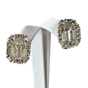 Vintage Emerald Cut Huge Sparkling Diamante Rhinestone Earrings Clip On Glam